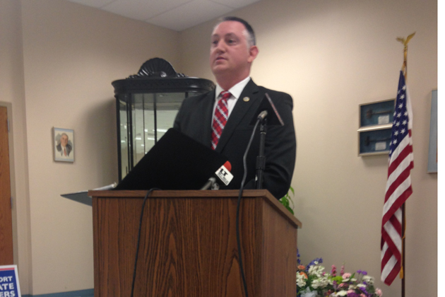 Rob Mellon speaks during a forum with McLean County Democrats in May. (Joe Ragusa/WJBC)