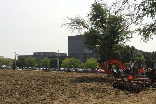 Landscape renovations on the State Farm campus are scheduled to be completed this fall. (Photo by Eric Stock/WJBC)