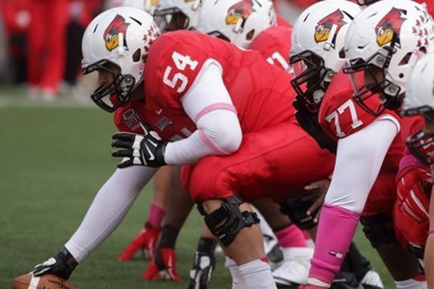 ISU center Mark Spelman prepares to snap the ball. (Photo courtesy GoRedbirds.com)