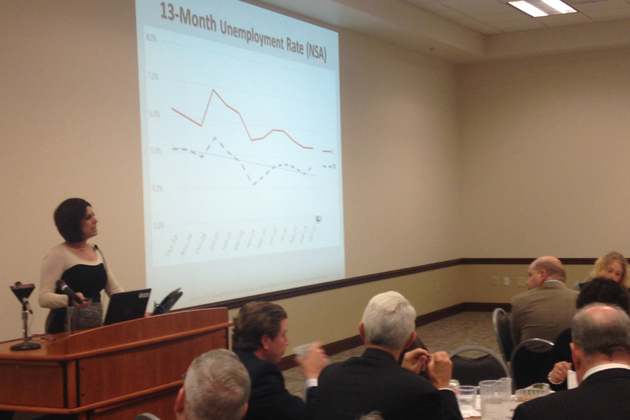 Aimee Ingalls with the Bloomington-Normal Economic Development Council presents the quarterly BN By The Numbers at the ISU Alumni Center Thursday. (Joe Ragusa/WJBC)