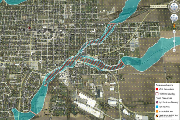 A map of potential areas impacted if the Clinton Reservoir fails. (Photo courtesy De Witt County Sheriff/Google Earth)