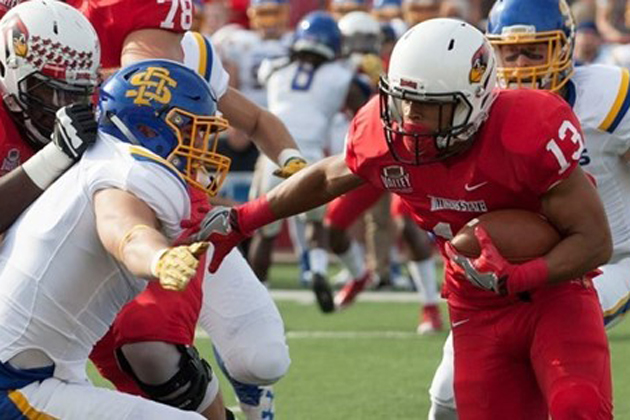 Jamal Towns hit the end zone as part of Illinois State's 38-21 victory over No. 7 South Dakota State on Saturday. (Photo courtesy GoRedbirds.com)