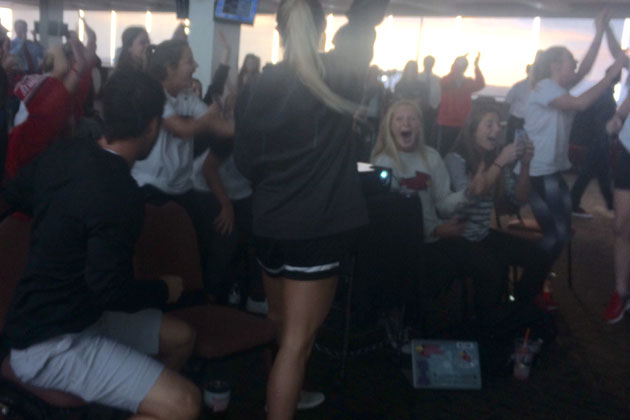 ISU's women's soccer team cheers its selection Monday in the NCAA Tournament. (WJBC photo/Bryan Bloodworth)